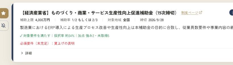 診断結果の画面サンプル。ものづくり・商業・サービス生産性向上促進補助金の適合度、対象要件、採択率、加点の内訳、次の一手が表示されている。
